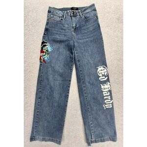 Ed Hardy Jeans Womens 26 Blue Wide Leg Y2K Tattoo Eagle Graphic Denim